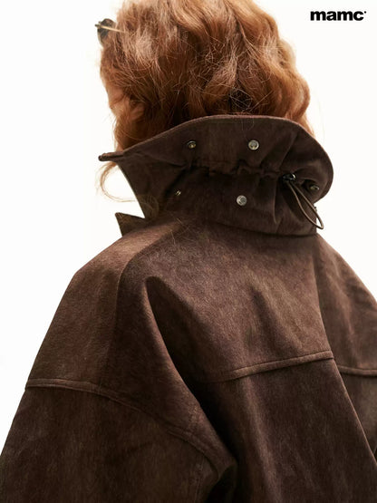 MAMC - Brown Faux-Horsehair Textured Cropped Jacket with Metal Snap Collar