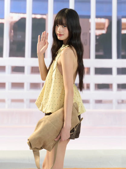"Golden Departure" Yellow Polka Dot Halter Babydoll Top