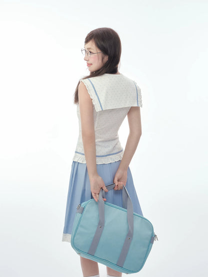 Sleeveless Polka Dot Sailor Collar Shirt & Light Blue Contrast-Trim Skirt