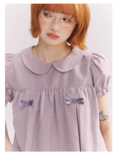 “Taro Milk Candy” Purple Plaid Bow Peter Pan Collar Puff Sleeve Blouse