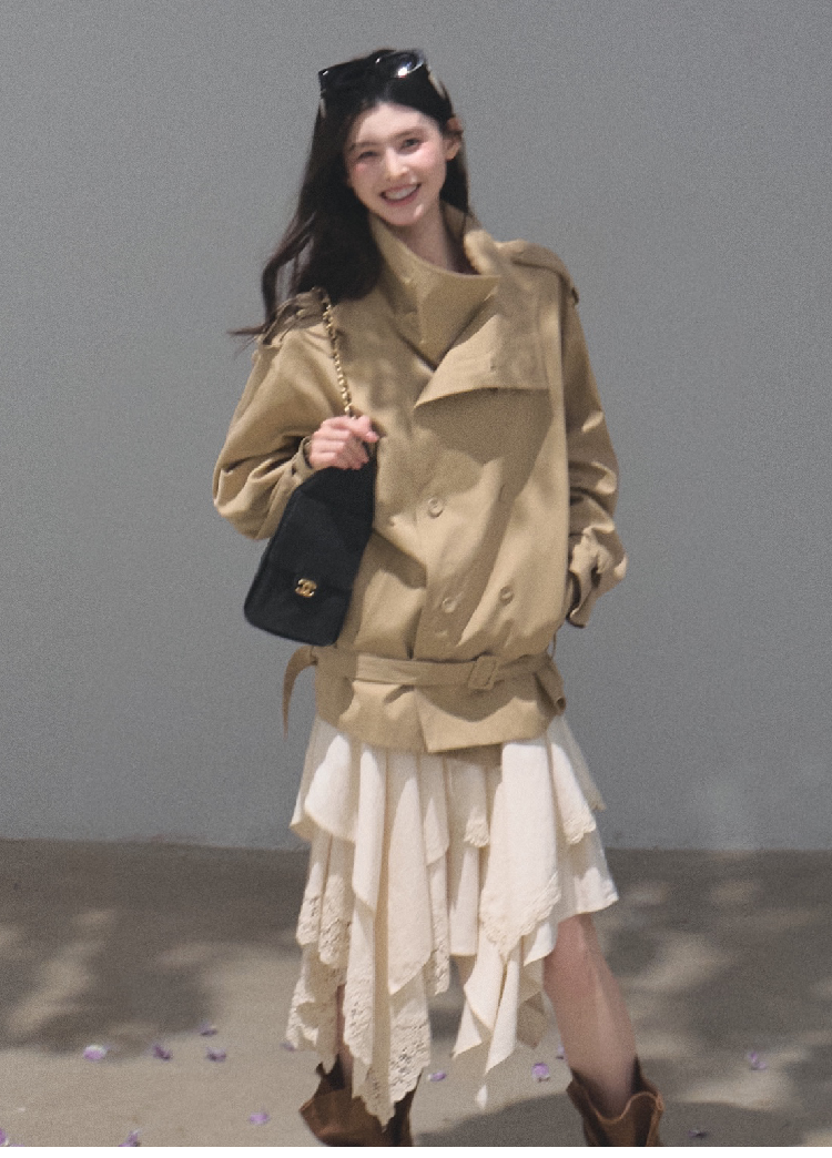 OAKMOO/ Belted Double-Breasted Trench Jacket (Deep Black / Hazel Khaki)