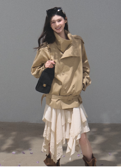 OAKMOO/ Belted Double-Breasted Trench Jacket (Deep Black / Hazel Khaki)