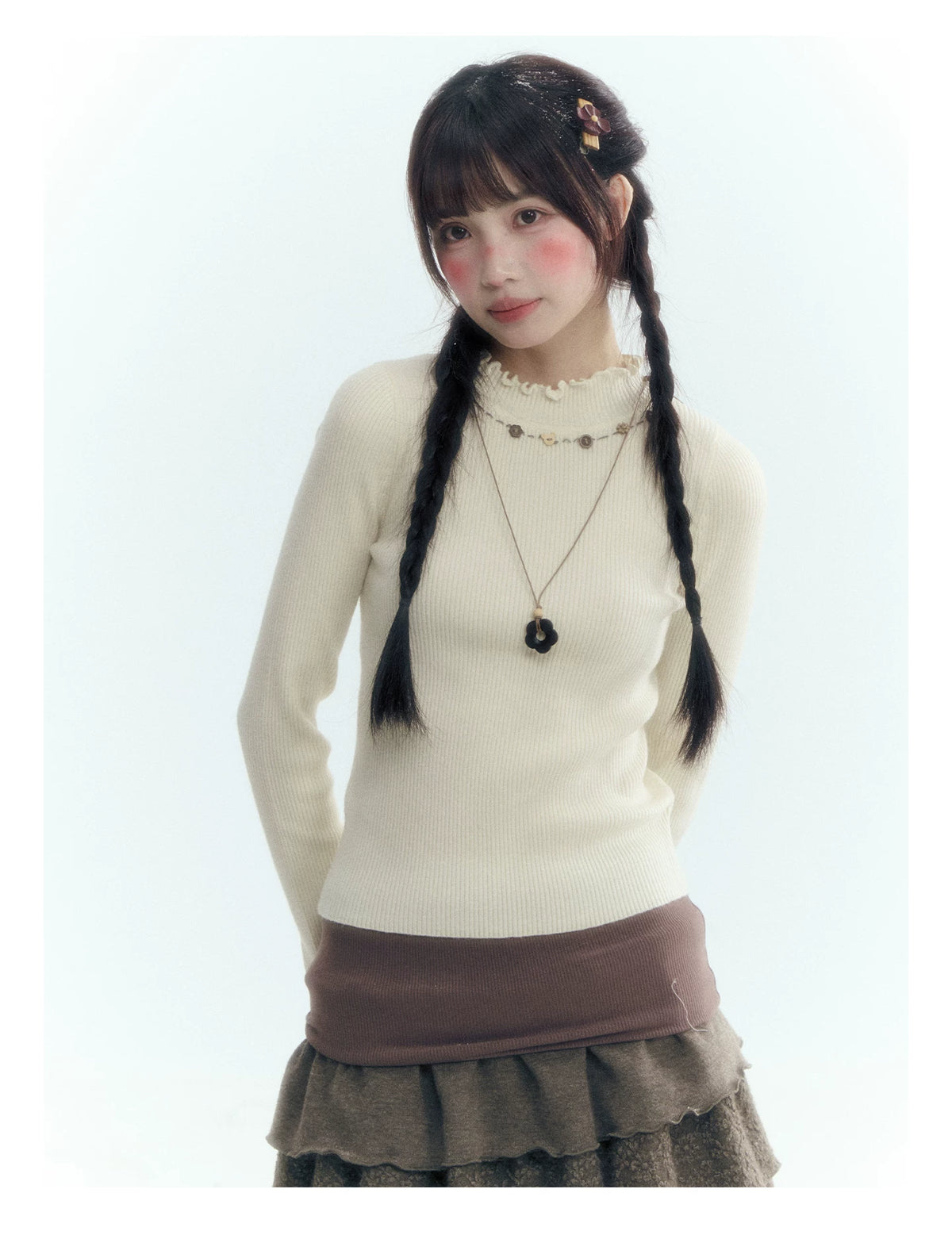 Horridale - Vintage Ruffle-Trim Wool-Blend Mock Neck Top (White Almond / Dark Gray)
