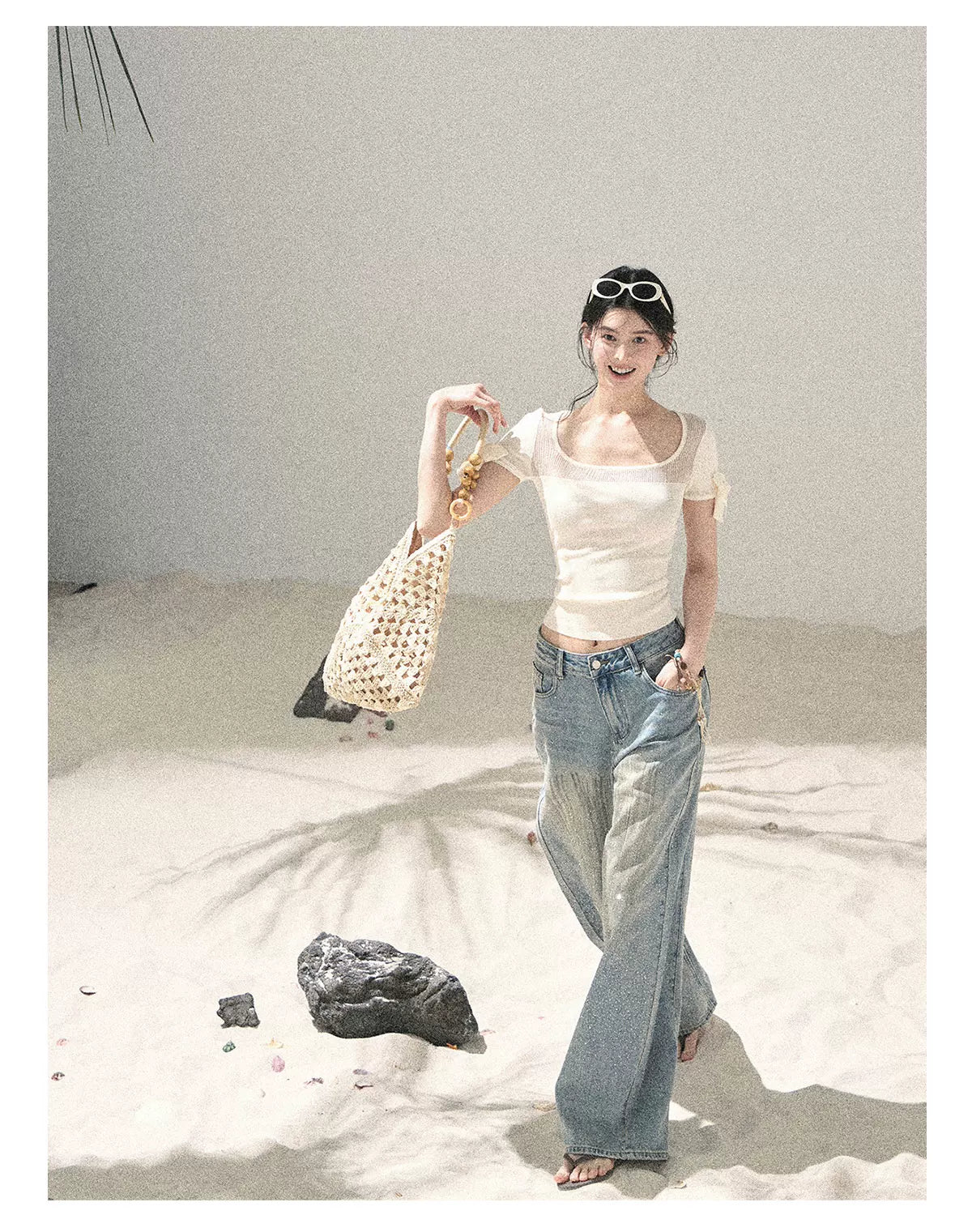 "Gentle Ocean Tide" Dutch Cream Cutout Knit Crop Top 75511