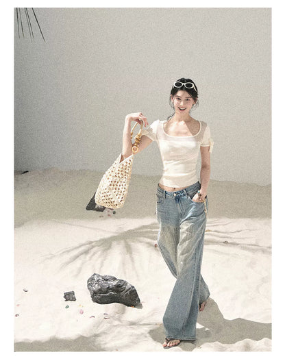 "Gentle Ocean Tide" Dutch Cream Cutout Knit Crop Top 75511