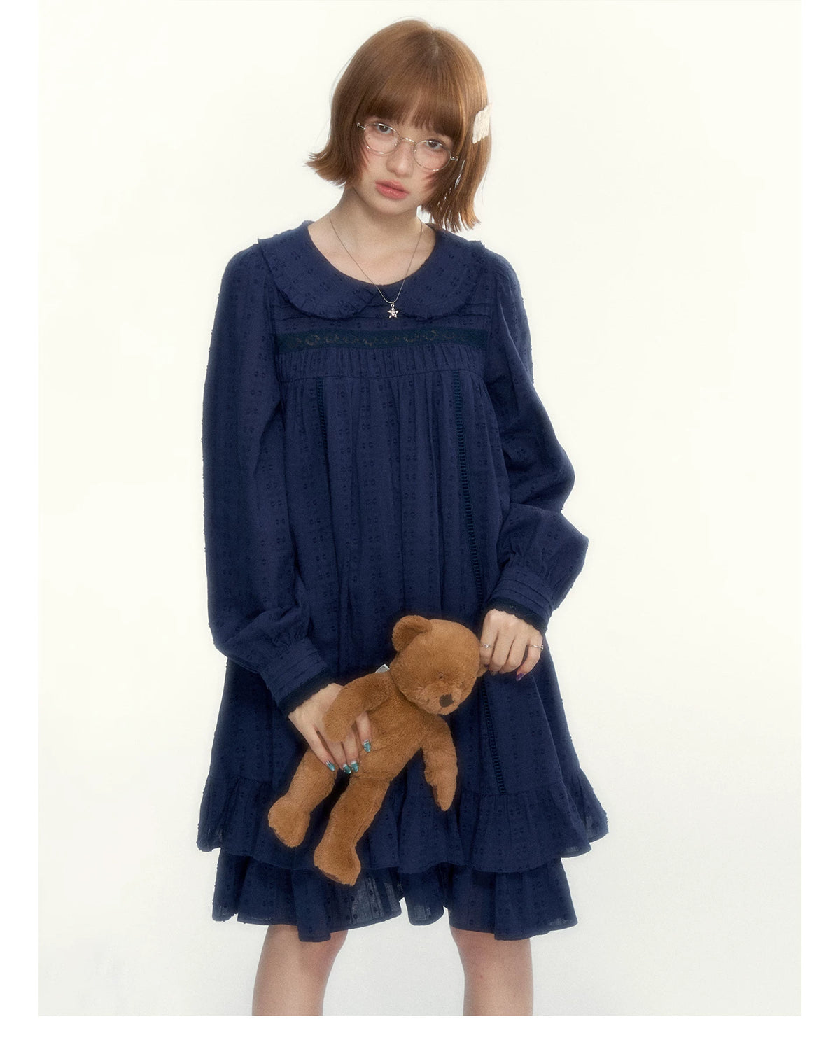 “Vintage Ribbon” Navy Peter Pan Collar Lace-Trimmed A-Line Dress