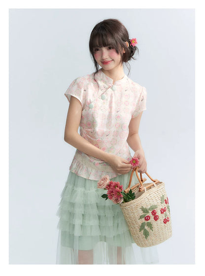 "Lime Mille-Feuille Glow" Peach Mist Chinese-Inspired Short Sleeve Top & Lime Green Tulle Tiered Skirt Set