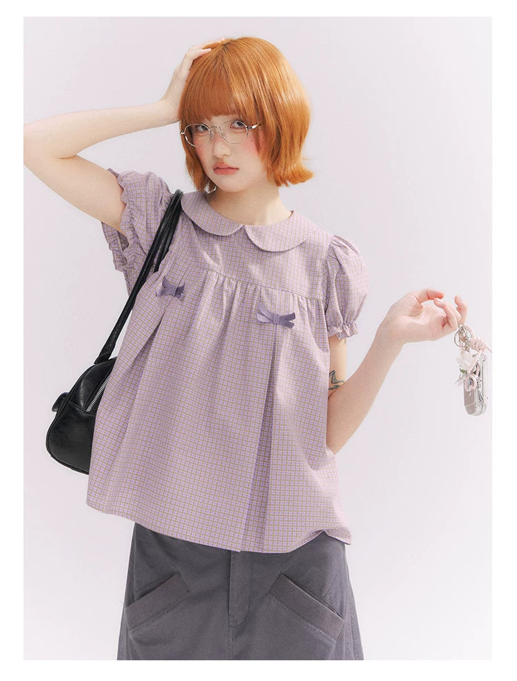 “Taro Milk Candy” Purple Plaid Bow Peter Pan Collar Puff Sleeve Blouse