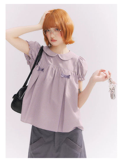 “Taro Milk Candy” Purple Plaid Bow Peter Pan Collar Puff Sleeve Blouse