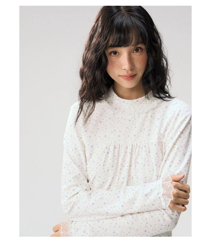 [CAN] "Double Dot Floral Raft" White Floral Lace-Trim Long Sleeve Top