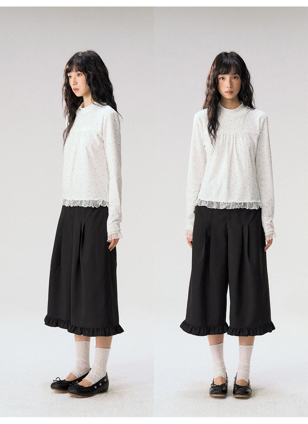 [CAN] "Double Dot Floral Raft" White Floral Lace-Trim Long Sleeve Top