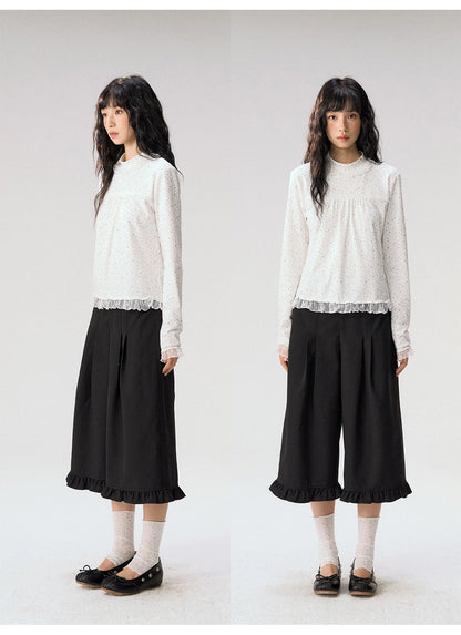 [CAN] "Double Dot Floral Raft" White Floral Lace-Trim Long Sleeve Top