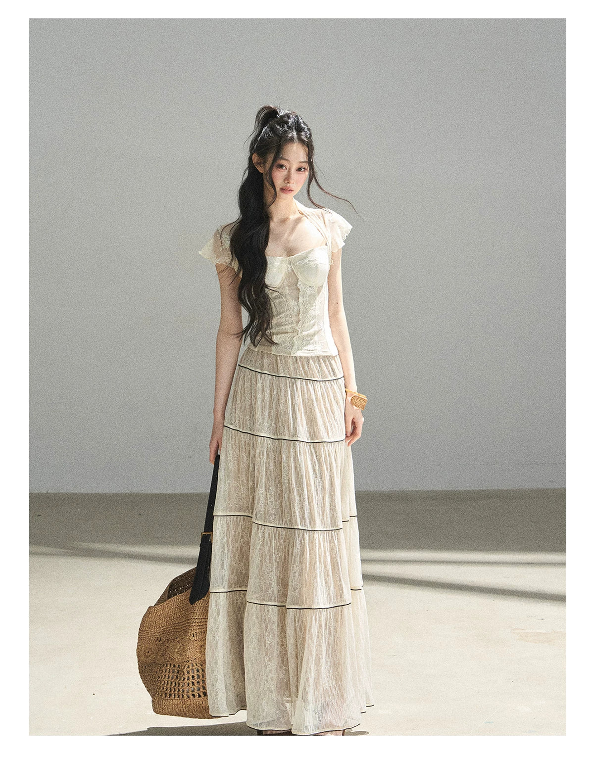"Mist Through the Woods" Creamy Apricot White Lace Maxi A-Line Skirt