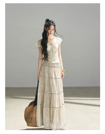 "Mist Through the Woods" Creamy Apricot White Lace Maxi A-Line Skirt