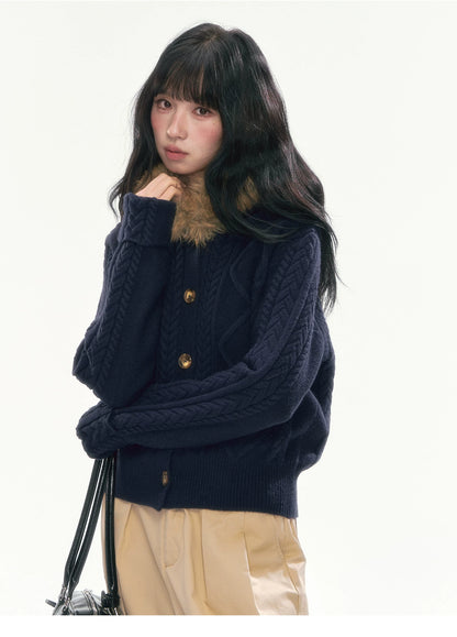 [CAN] Cable Knit Hooded Cardigan (Navy / Dusty Pink)