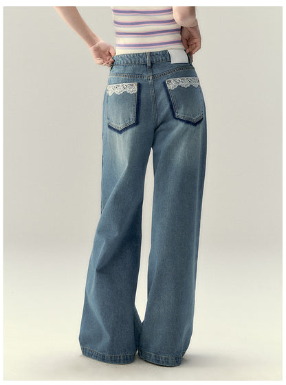 VIAPITTI - Lace Panel Straight-Leg Jeans (Light & Dark Blue)