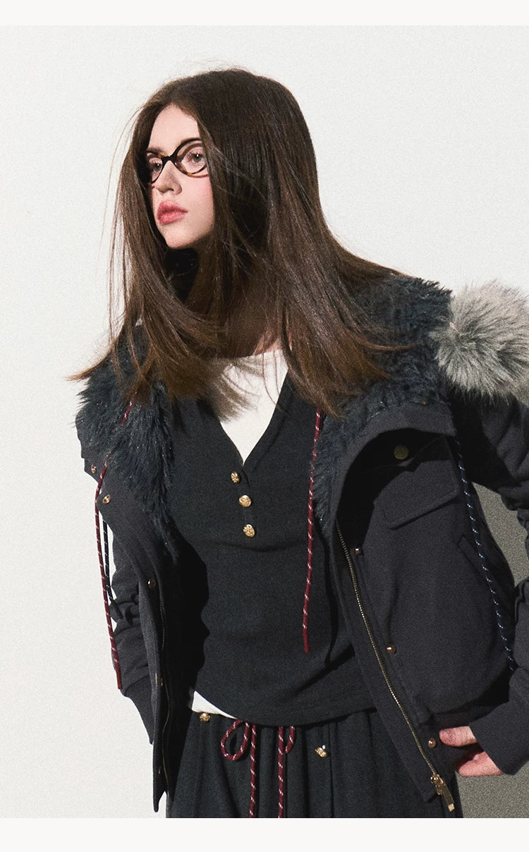 OAKMOO/ "Energy & Freedom" Mocha Gray Fur-Collar Cropped Hoodie Jacket