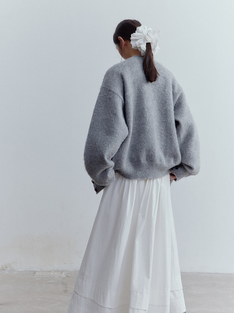 FUSSED Lazy Furry Mist Gray Wool & Mohair V-Neck Cardigan FOF-25SS177