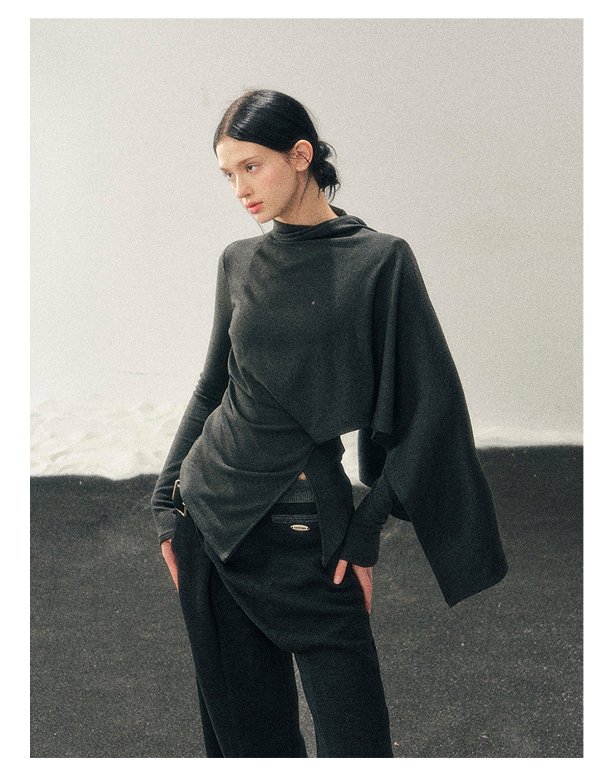 少也眼 "She Outshines the Fireworks" Charcoal Asymmetrical Wrap Top