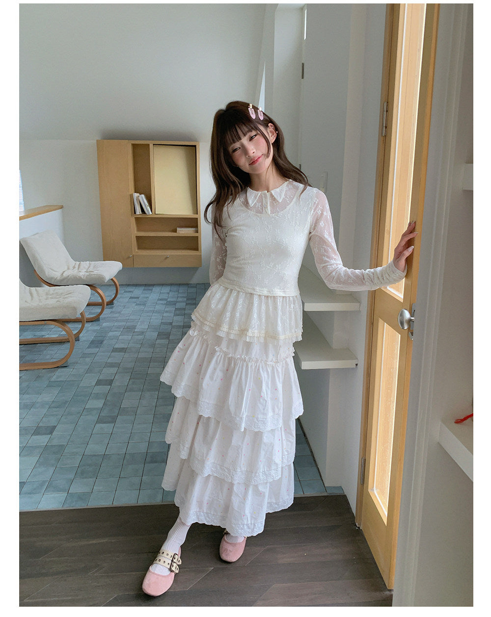 “Soft Veil Sonata” Apricot Layered Lace Mesh Top