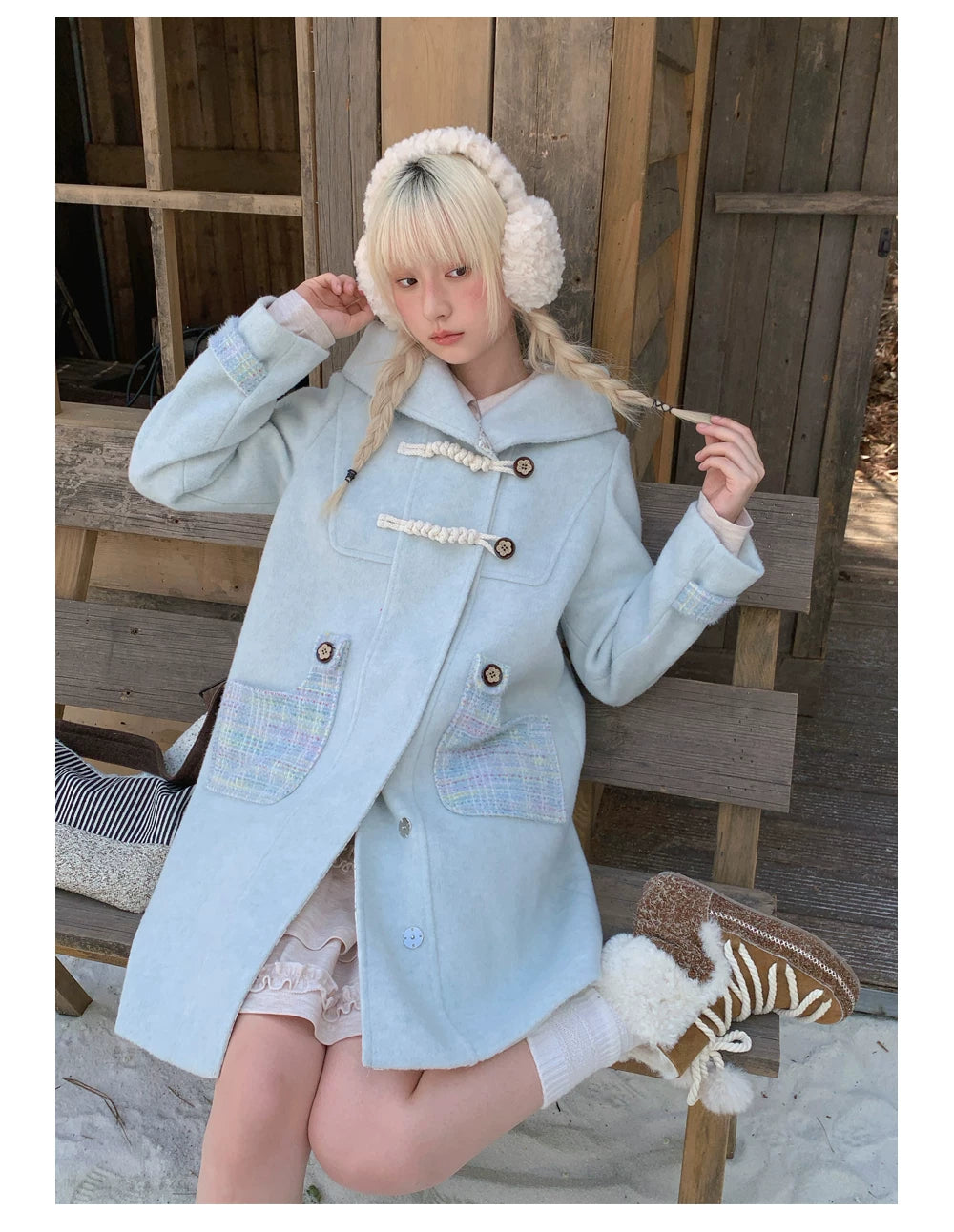 RF - Light Blue Plaid Mid-Length Wool-Blend Coat with Toggle Closures