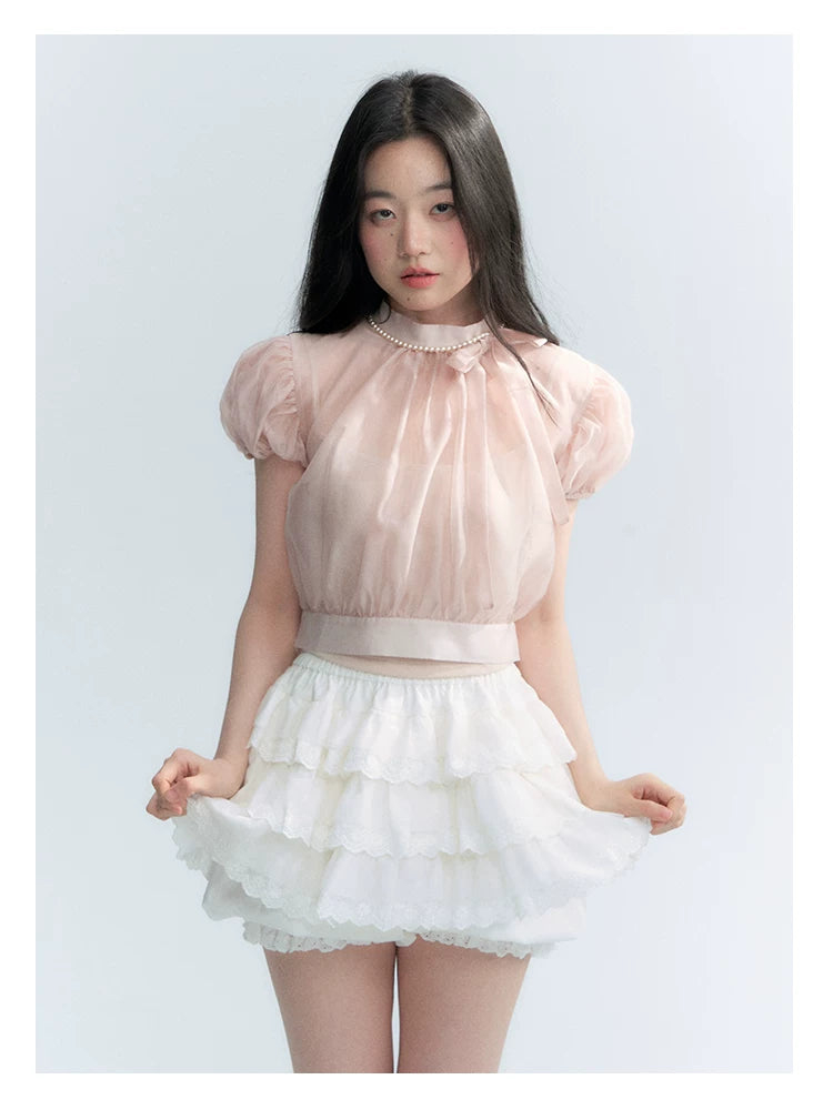 Vintage Stand Collar Bow Puff Sleeve Waist-Cinching Blouse with Knit Cami Set