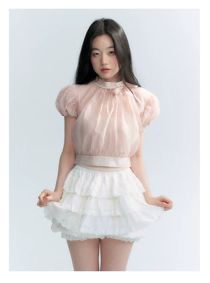 Vintage Stand Collar Bow Puff Sleeve Waist-Cinching Blouse with Knit Cami Set