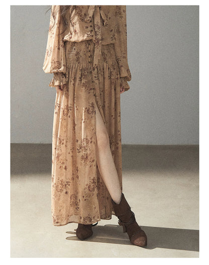 AOMALM - Oatmeal Rose-Print Chiffon Layered Maxi Dress Set