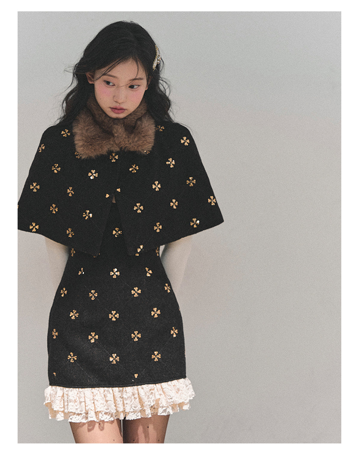 少也眼 “Snowy Night Waltz” French-Style Wool Dress with Detachable Fur Cape