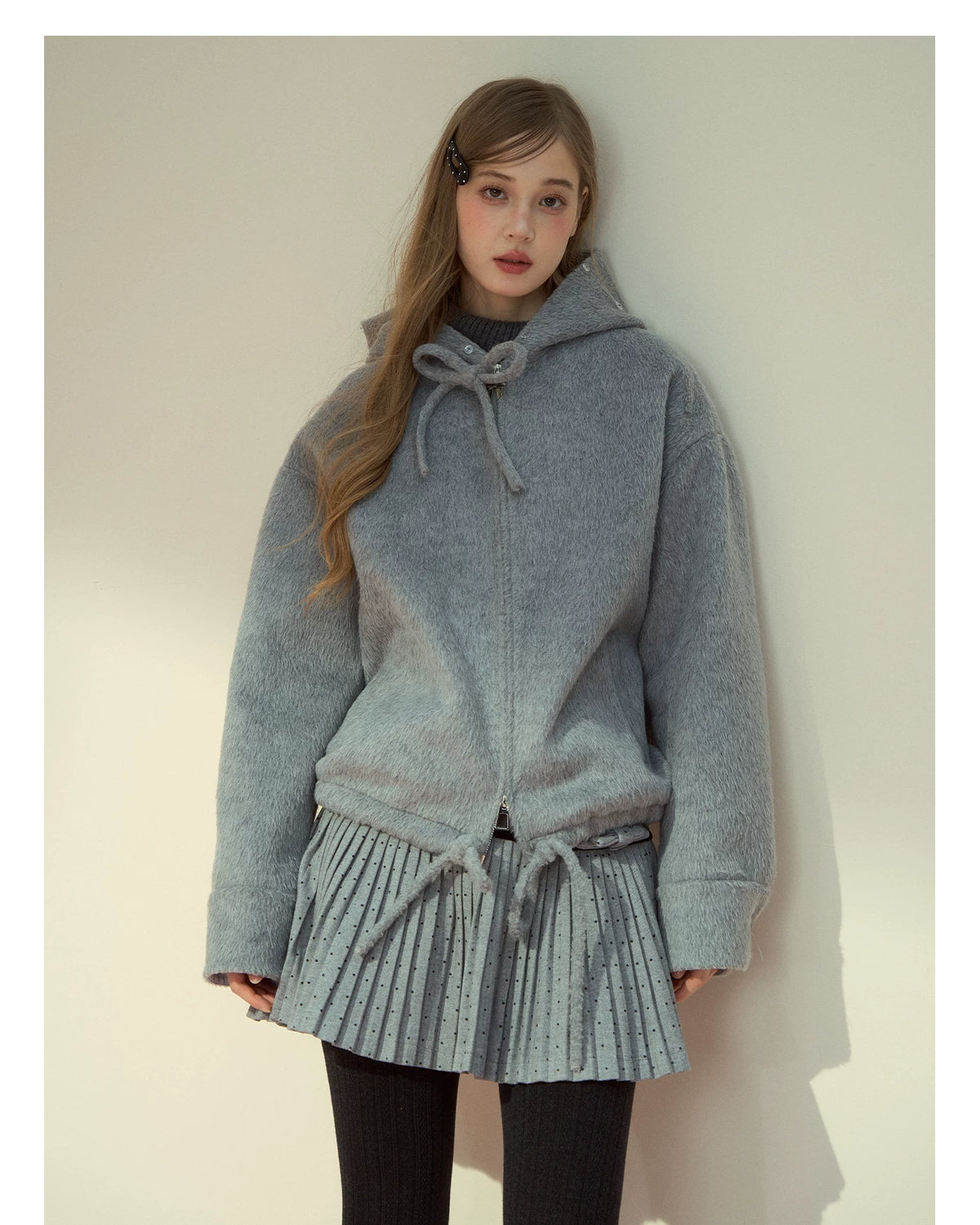 SunsetPark - "Warm Winter Days" Faux Fur Collar Wool-Blend Top Coat (Gray / Pink)