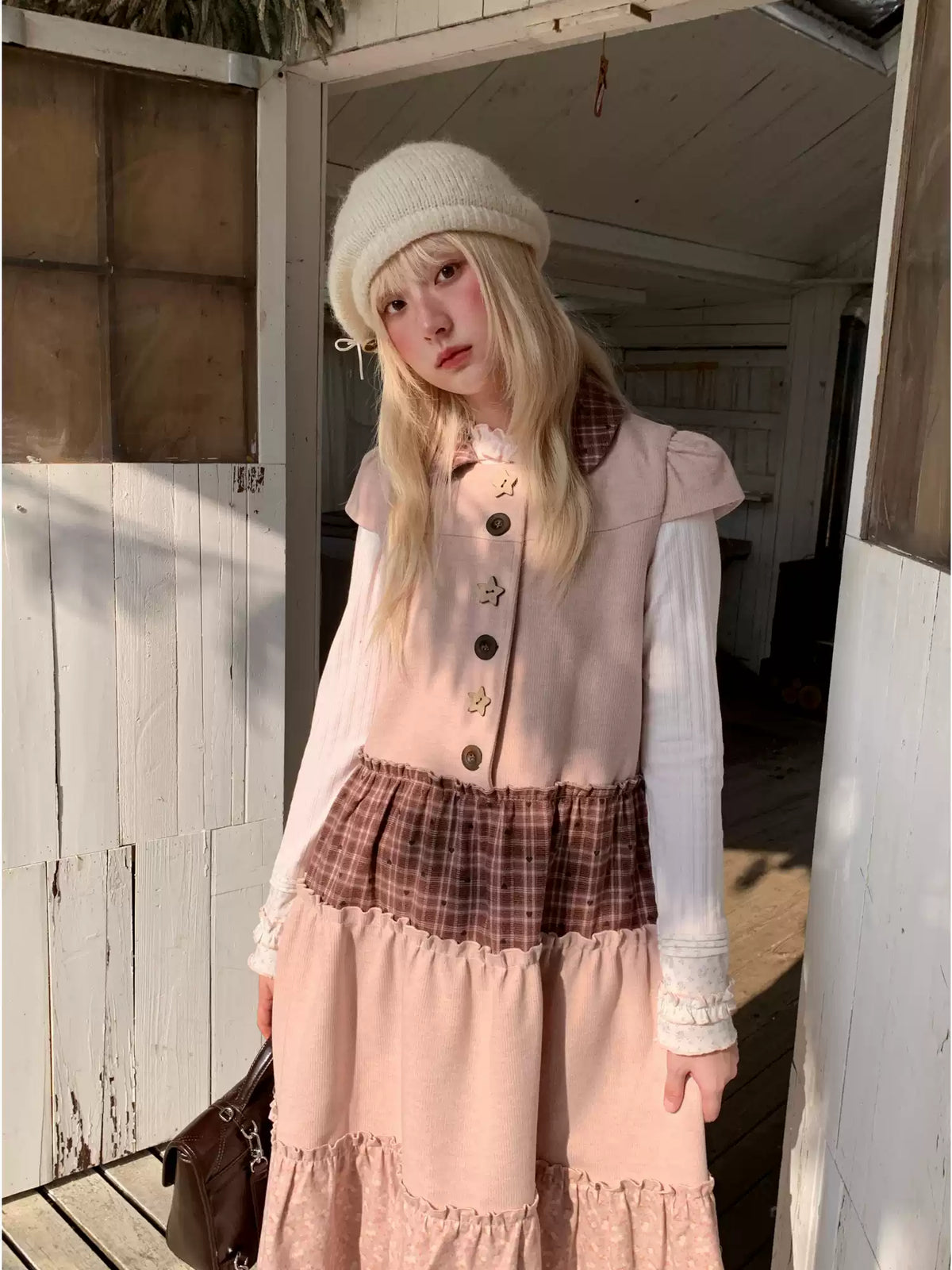RF - Dusty Pink Patchwork Sleeveless A-Line Dress with Star Buttons