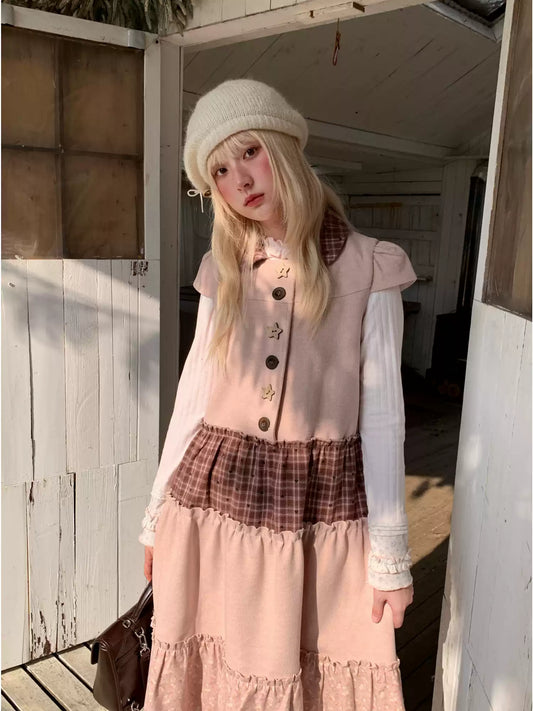 RF - Dusty Pink Patchwork Sleeveless A-Line Dress with Star Buttons