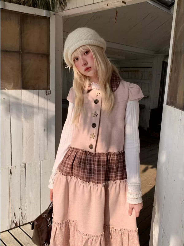 RF - Dusty Pink Patchwork Sleeveless A-Line Dress with Star Buttons
