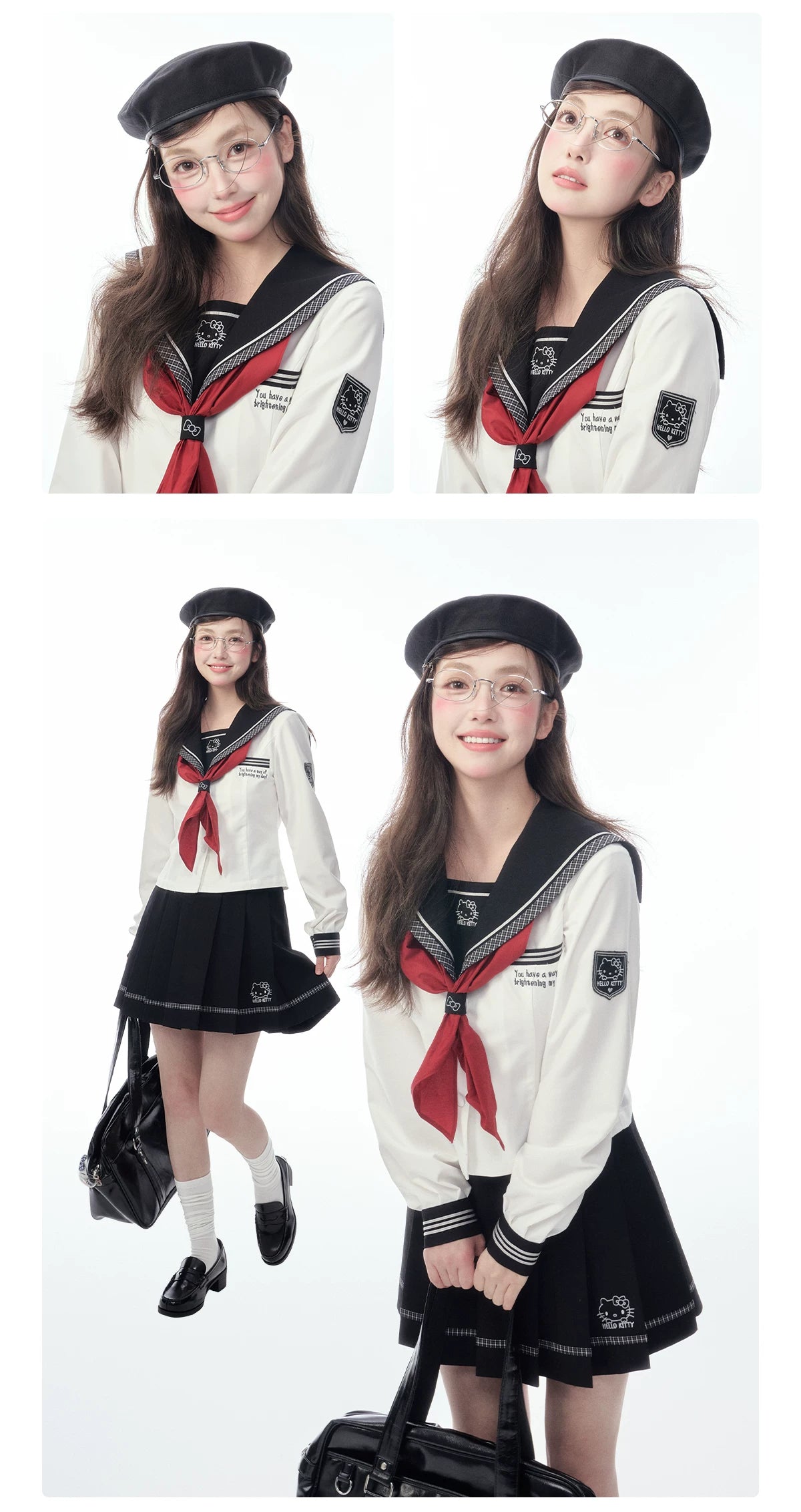 Slim-Fit Preppy Style Set - Sailor Collar Shirt / Front Box-Pleat Skirt / Polka Dot Skirt