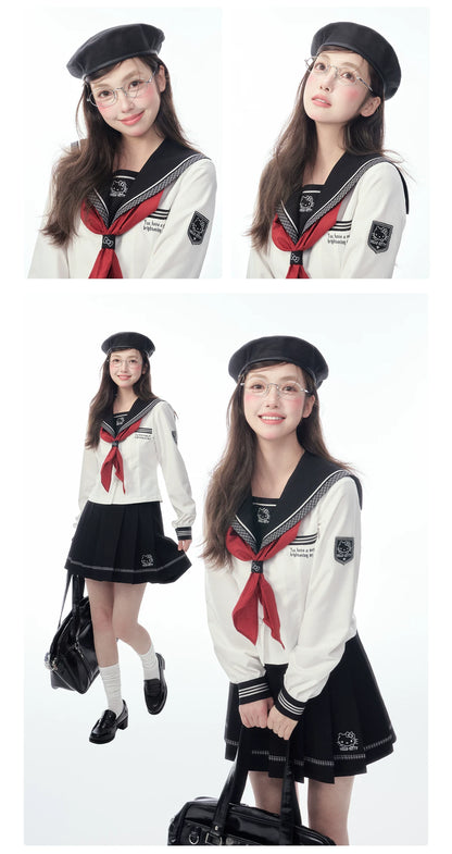 Slim-Fit Preppy Style Set - Sailor Collar Shirt / Front Box-Pleat Skirt / Polka Dot Skirt