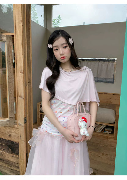 [RF] “Peach Blossom Layers” Peach Pink Striped Floral Print Short-Sleeve T-Shirt