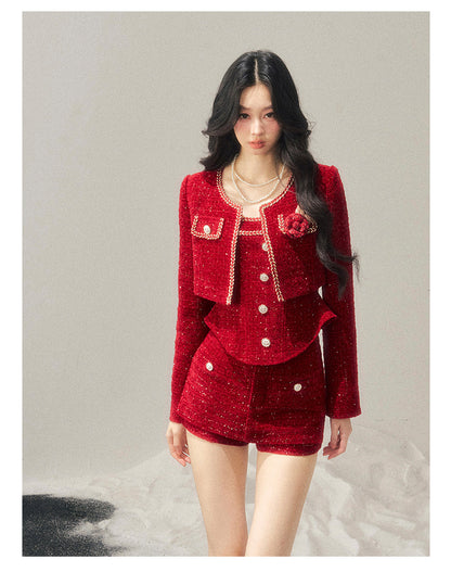 少也眼 "Before the Moon Falls" Bouclé Wool Tweed Three-Piece Mini Set - Cabernet Red