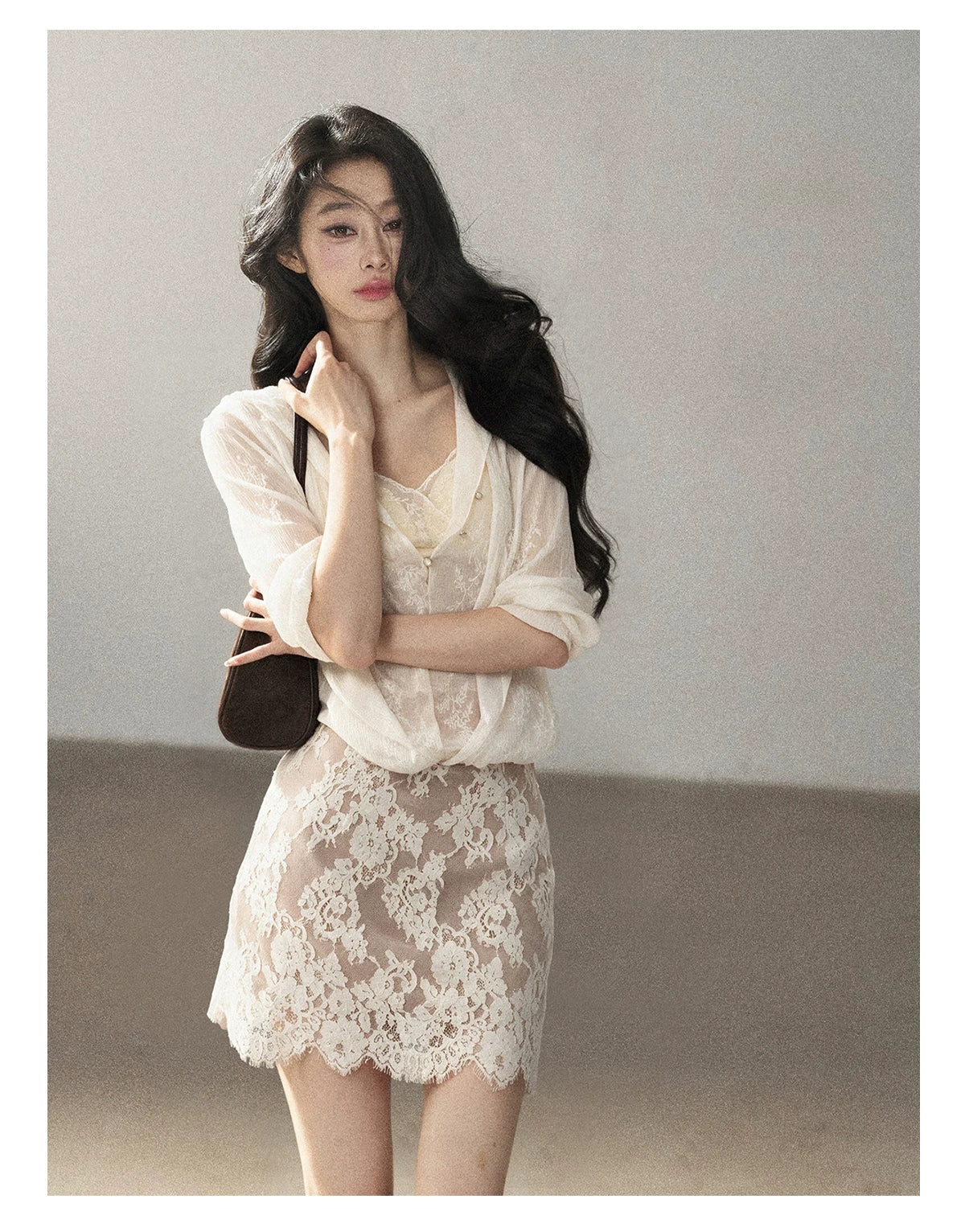 AOMALM - Cream Lace Mini Dress with Scalloped V-Neck (With Inner Bra)