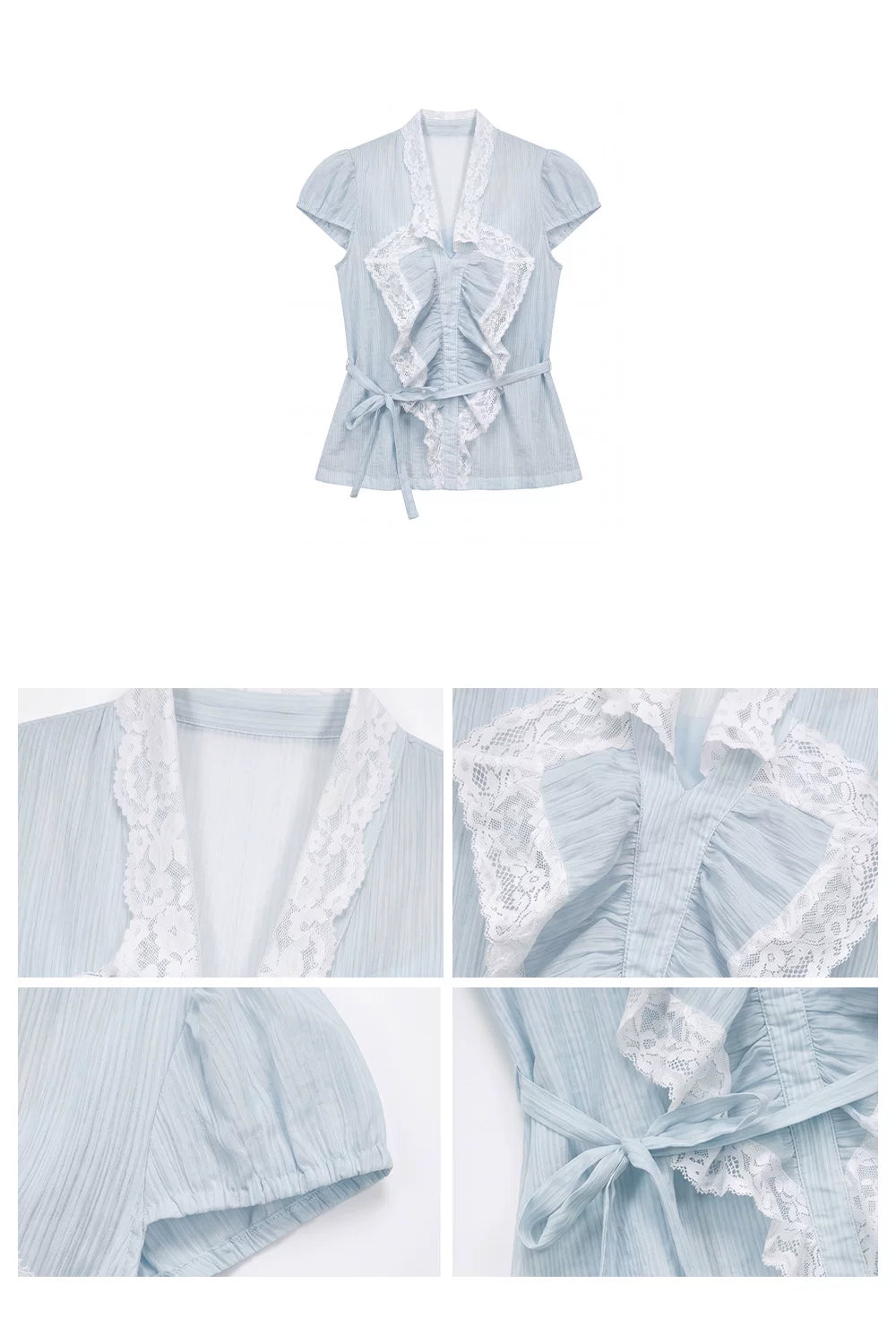 “Blue Breeze Sonata” Blue Ruffle Lace Blouse