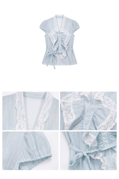 “Blue Breeze Sonata” Blue Ruffle Lace Blouse