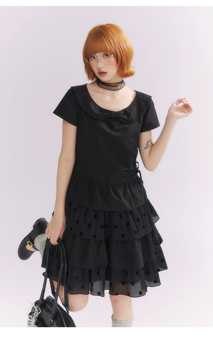 “Midnight Sweetheart” Black Korean-Style Bow Polka Dot Tiered Dress