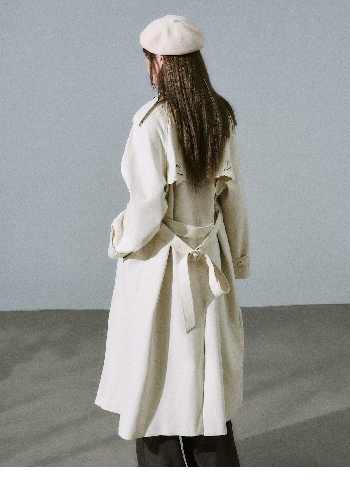 LOST FOREST - Almond Milk White Cutout Embroidered Trench Coat