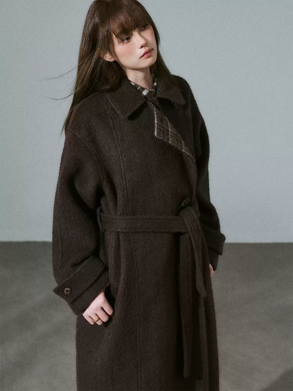 LOST FOREST - Red Brown Wool Blend Plaid Coat