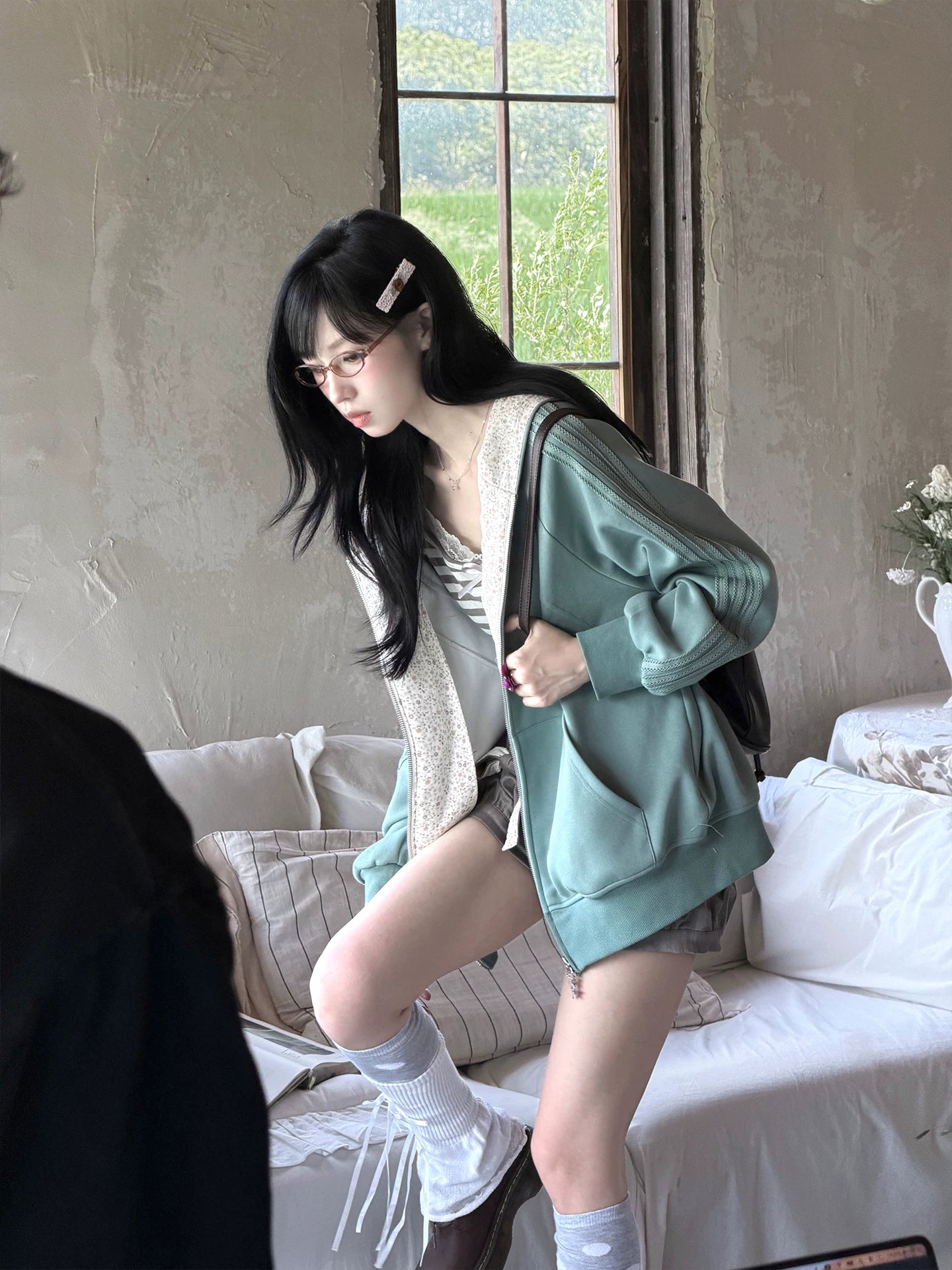 "Sage Whisper" Floral Layered Collection (Hoodie / Lace Cami / Bubble Shorts)
