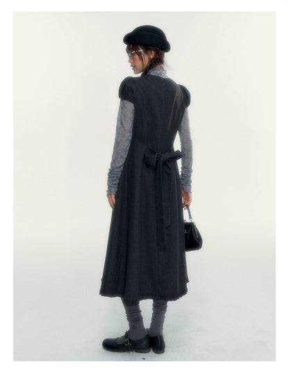 Vintage Double-Breasted Wool Dress & Knit Fringe Cape Set