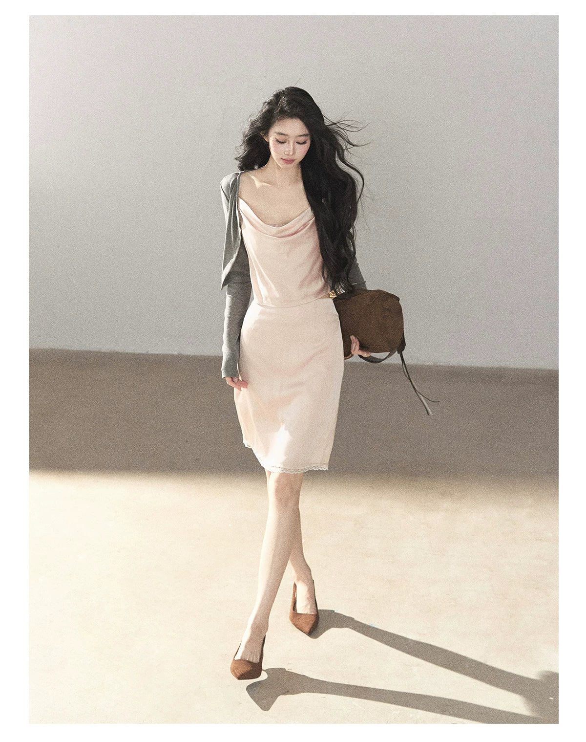 AOMALM - Glacier Pink Satin Cami & Skirt Set with Paris Gray Knit Cardigan