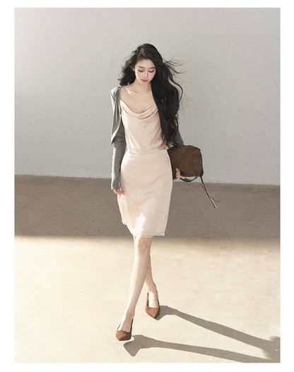 AOMALM - Glacier Pink Satin Cami & Skirt Set with Paris Gray Knit Cardigan