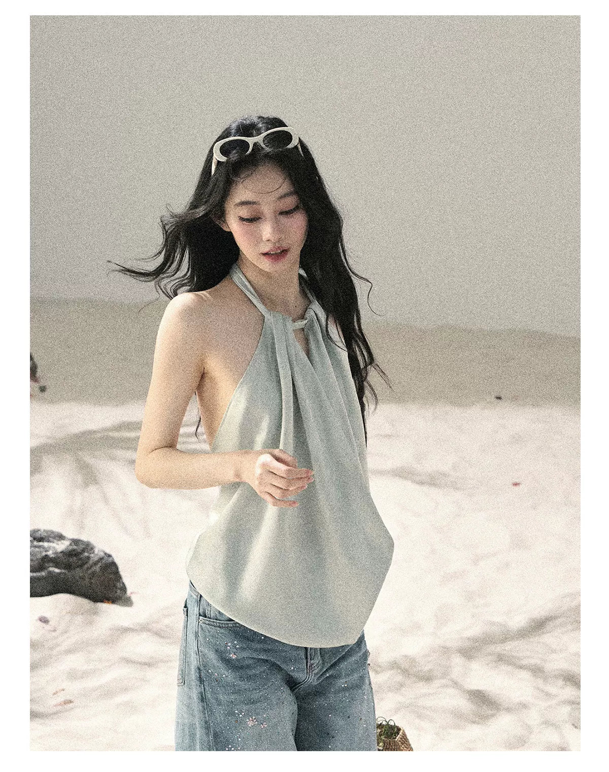 "Flowing Silk Reverie" Light Bean Green Halter Backless Top 536845