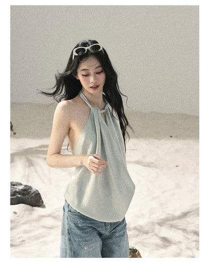 "Flowing Silk Reverie" Light Bean Green Halter Backless Top 536845