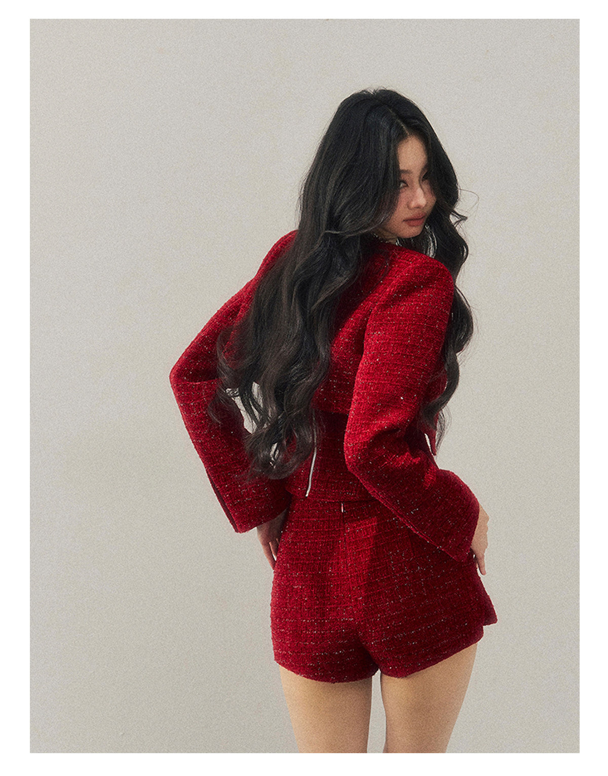 少也眼 "Before the Moon Falls" Bouclé Wool Tweed Three-Piece Mini Set - Cabernet Red